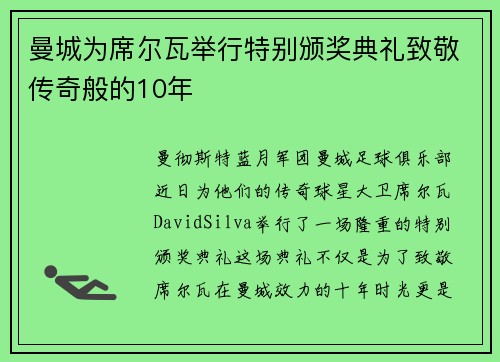 曼城为席尔瓦举行特别颁奖典礼致敬传奇般的10年